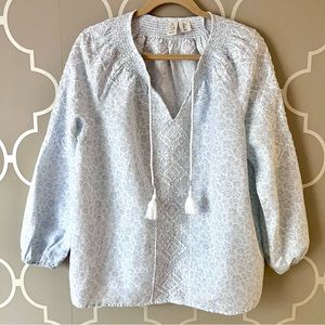 JOIE Long Sleeve Blouse Embroidered Floral Blue and White Linen Top LARGE